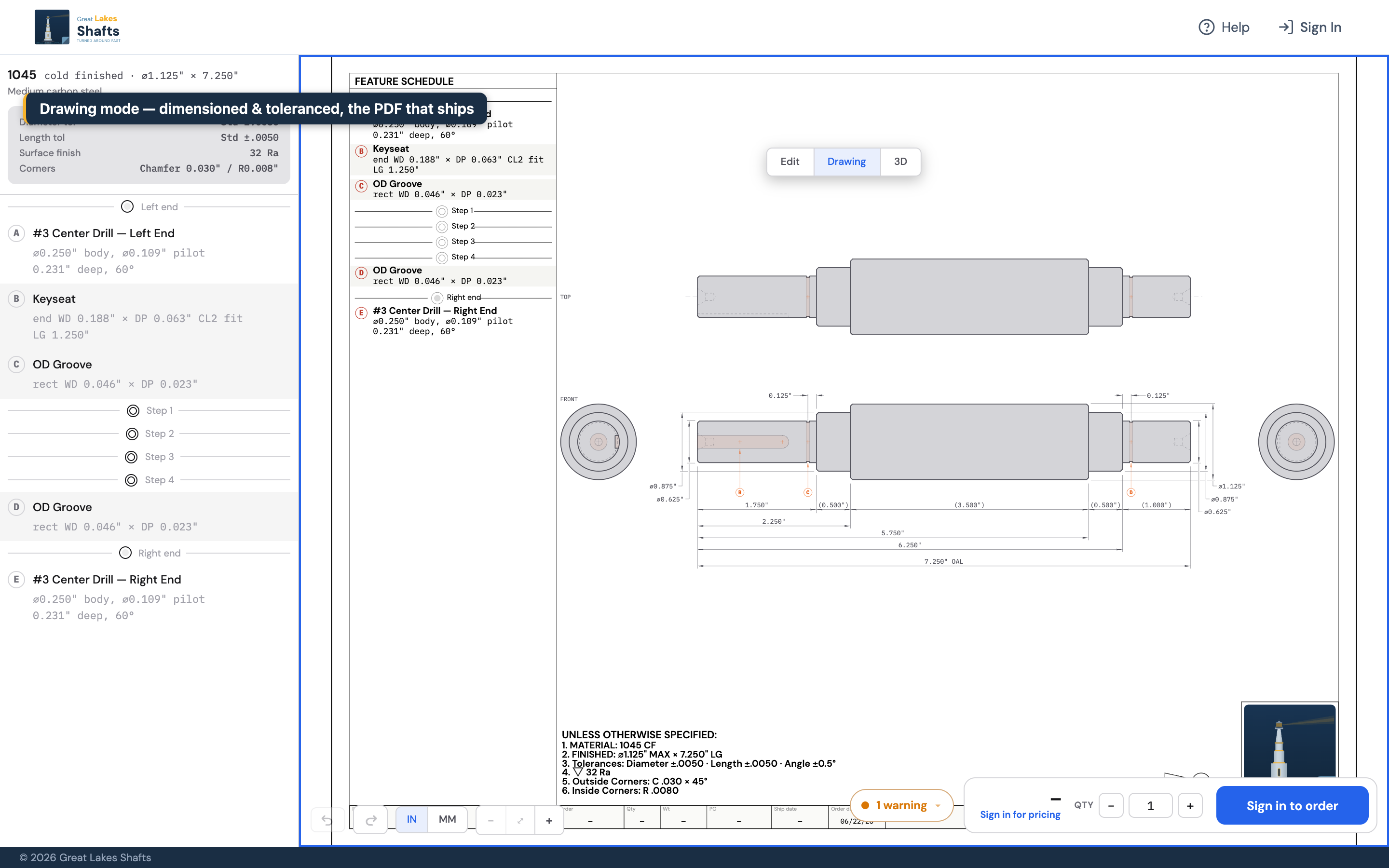 Drawing mode showing a dimensioned orthographic engineering drawing with a feature schedule and a notes block.