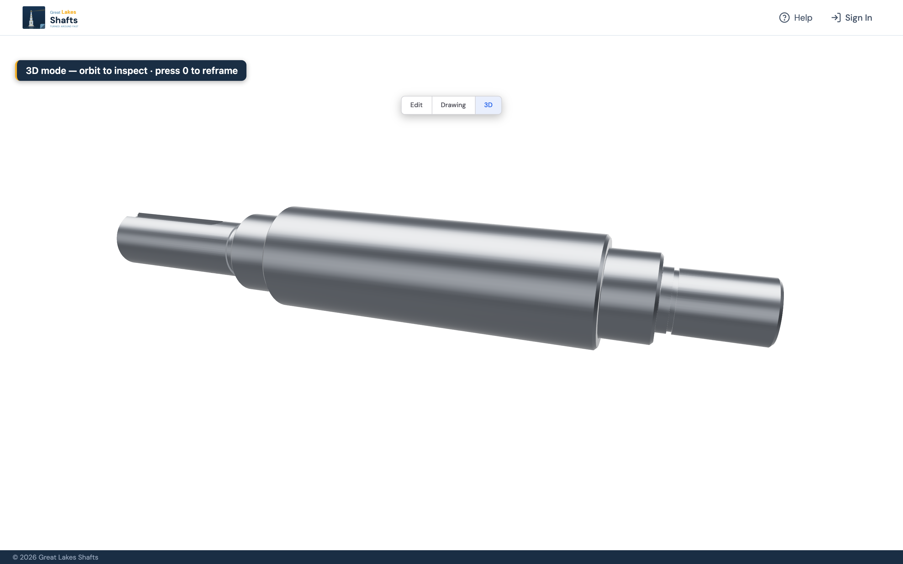 3D mode showing a shaded solid model of the shaft that can be orbited.