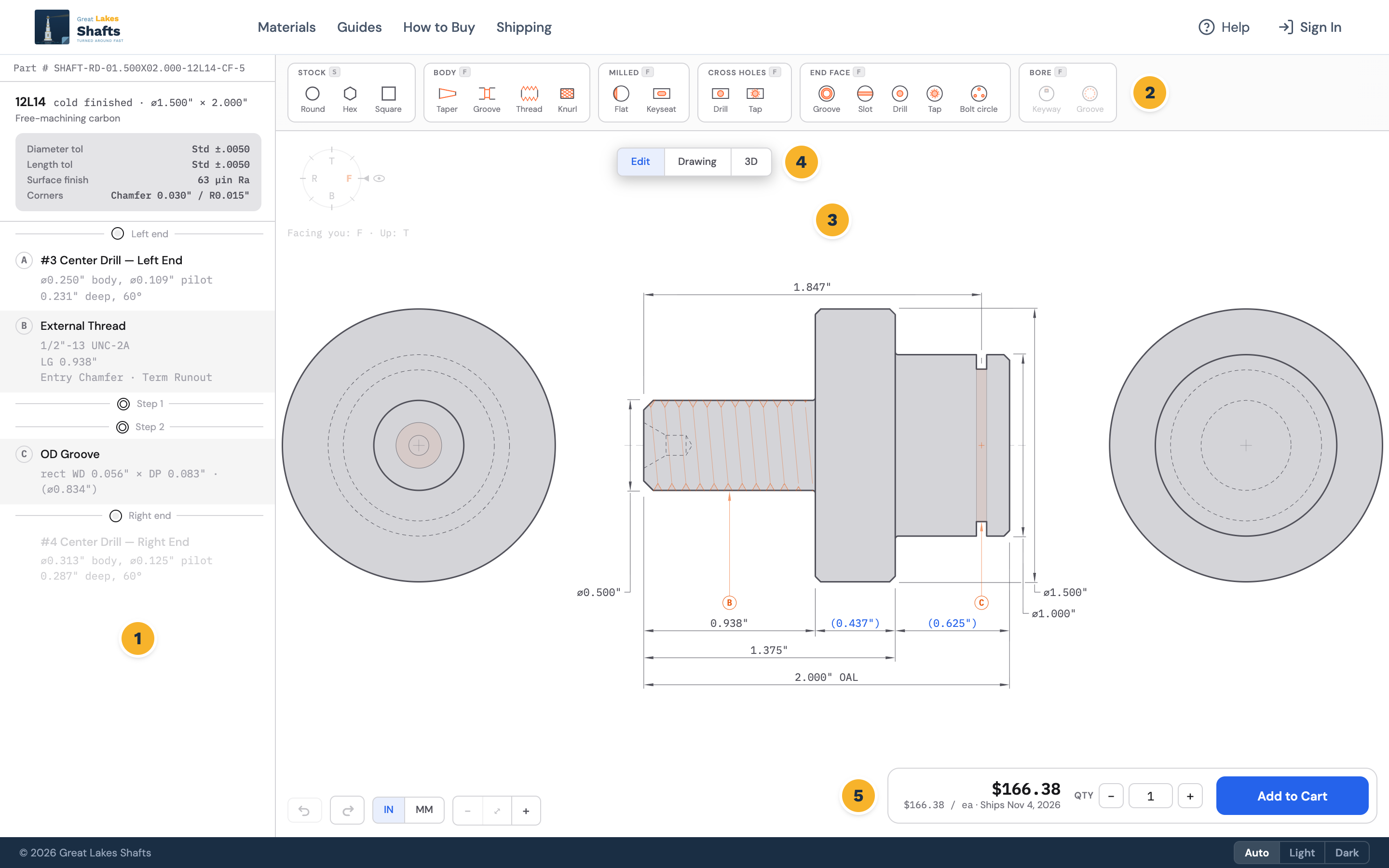 The configurator workspace, with the spec ledger on the left, the feature ribbon across the top, the live drawing in the center, the mode pill, and the price bar at the bottom.