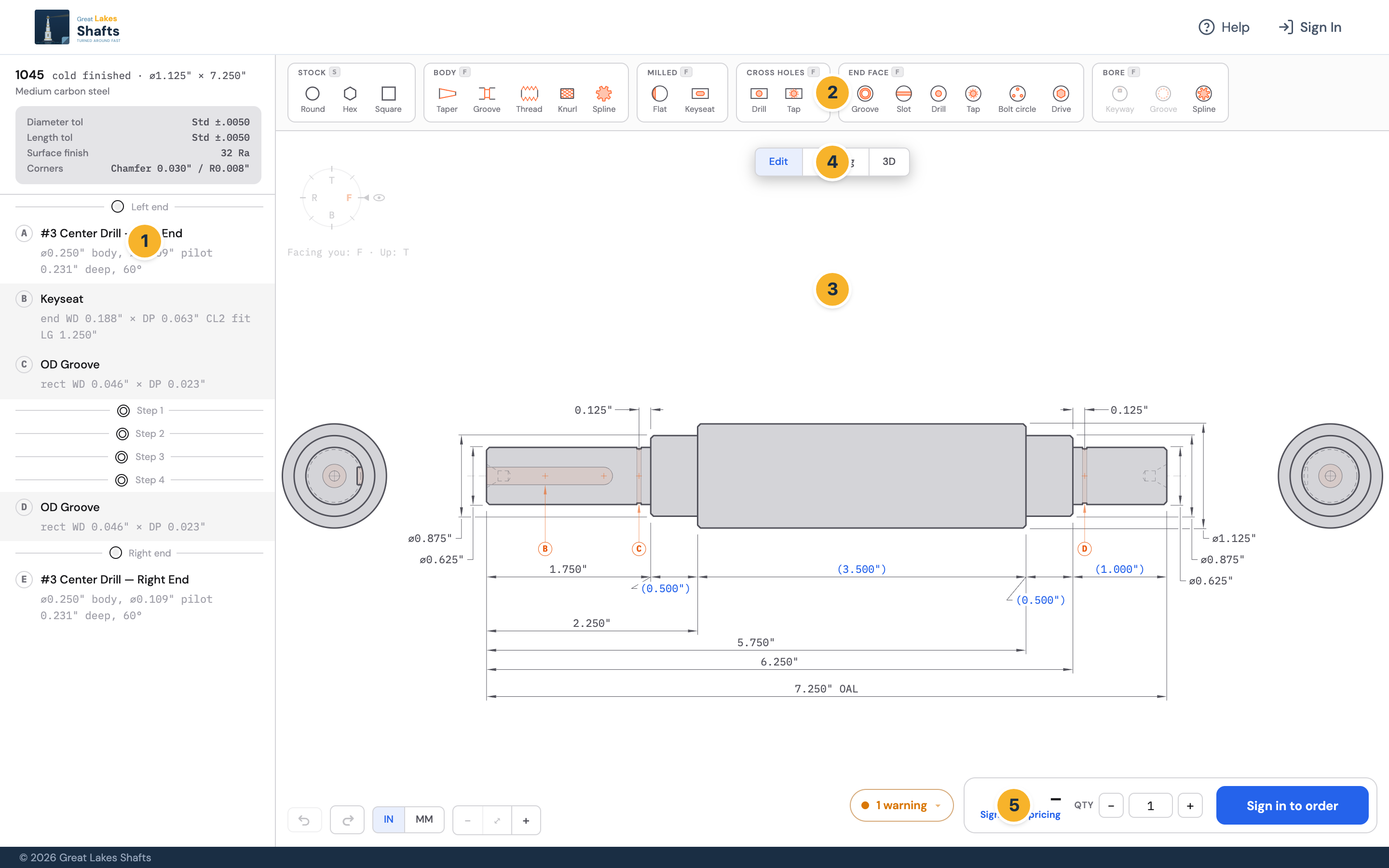 The configurator workspace, with the spec ledger on the left, the feature ribbon across the top, the live drawing in the center, the mode pill, and the price bar at the bottom.